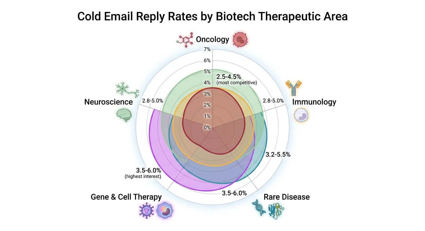 Biotech cold email performance by therapeutic area showing reply rates from Oncology to Gene Therapy