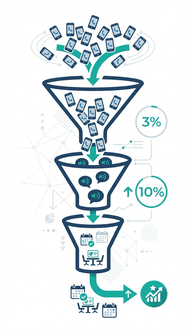 Sales conversion funnel infographic showing dials to conversations to meetings framework