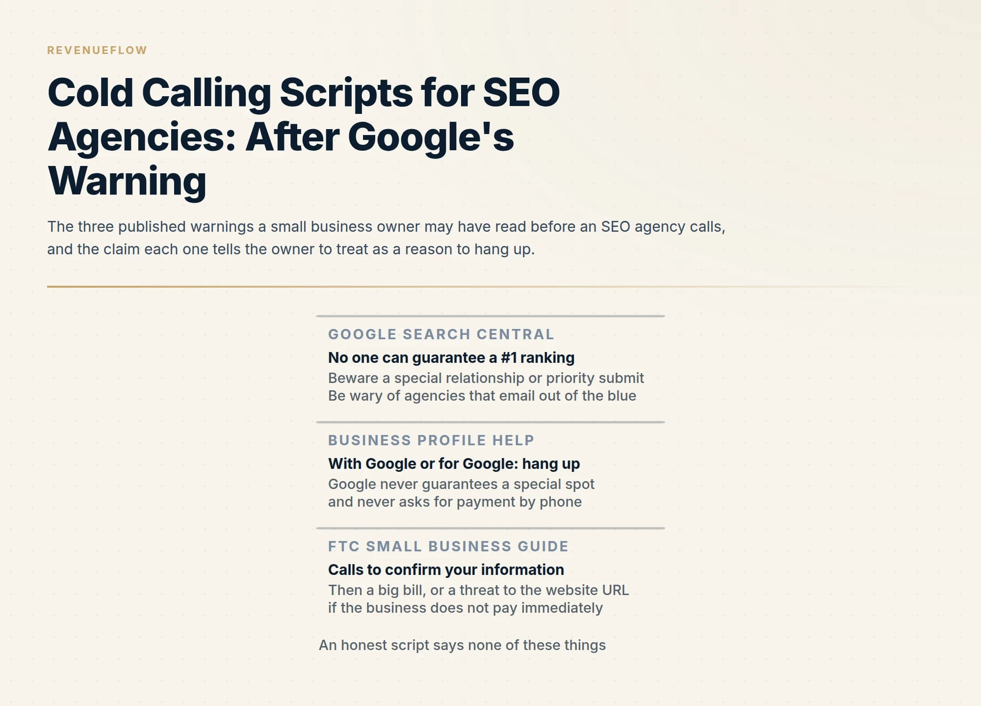The three published warnings a small business owner may have read before an SEO agency calls, and the claim each one tells the owner to treat as a reason to hang up.