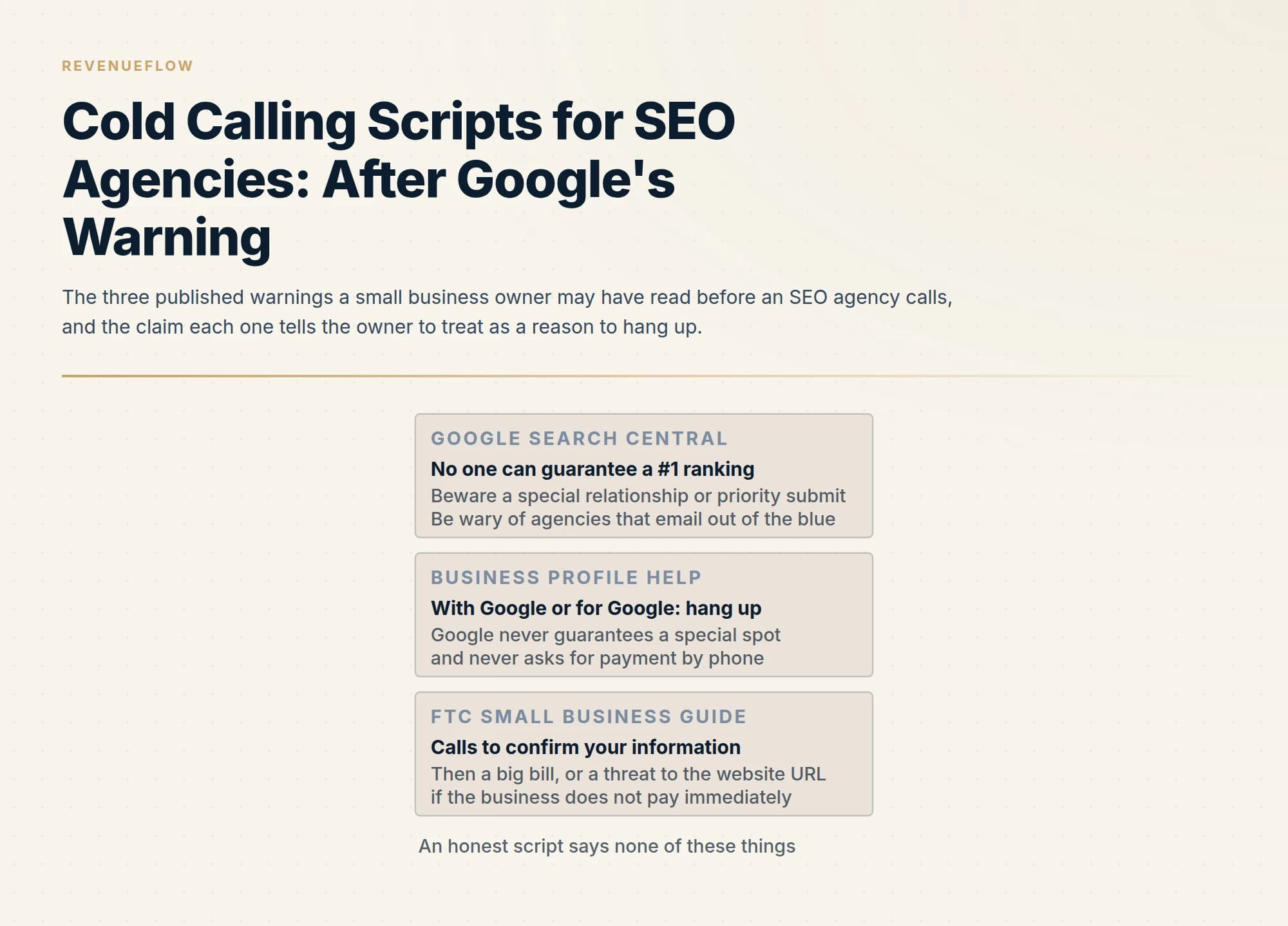 The three published warnings a small business owner may have read before an SEO agency calls, and the claim each one tells the owner to treat as a reason to hang up.