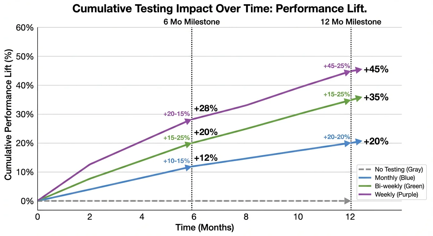 Cumulative A/B testing impact over time showing performance lift from monthly to weekly testing