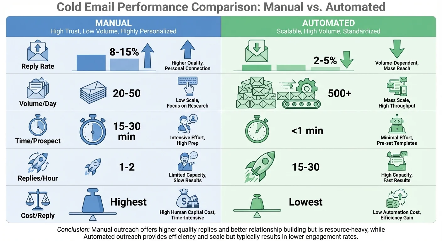 Manual vs automated cold email performance comparison showing reply rate, volume, and efficiency