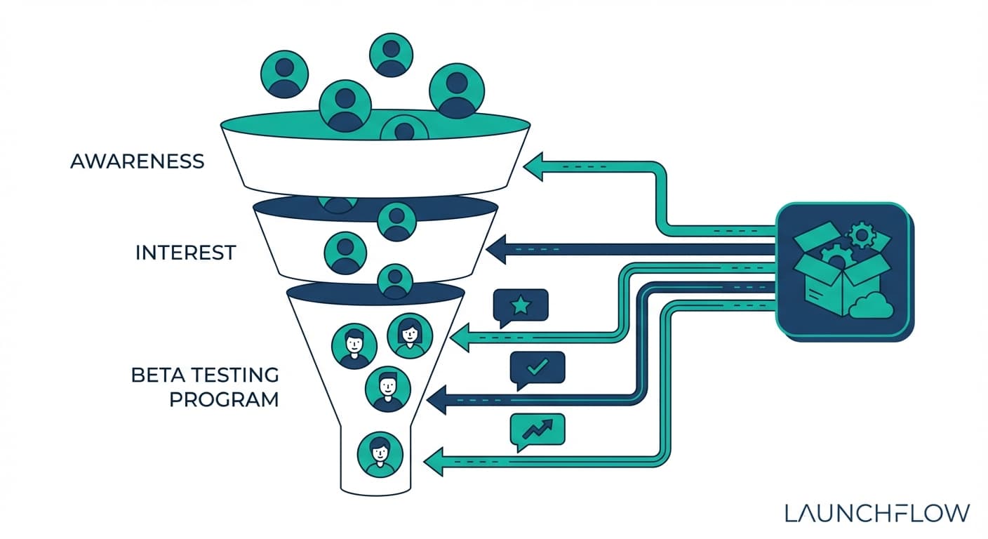 Recruitment funnel from awareness to interest to a beta testing program, with testers returning product feedback