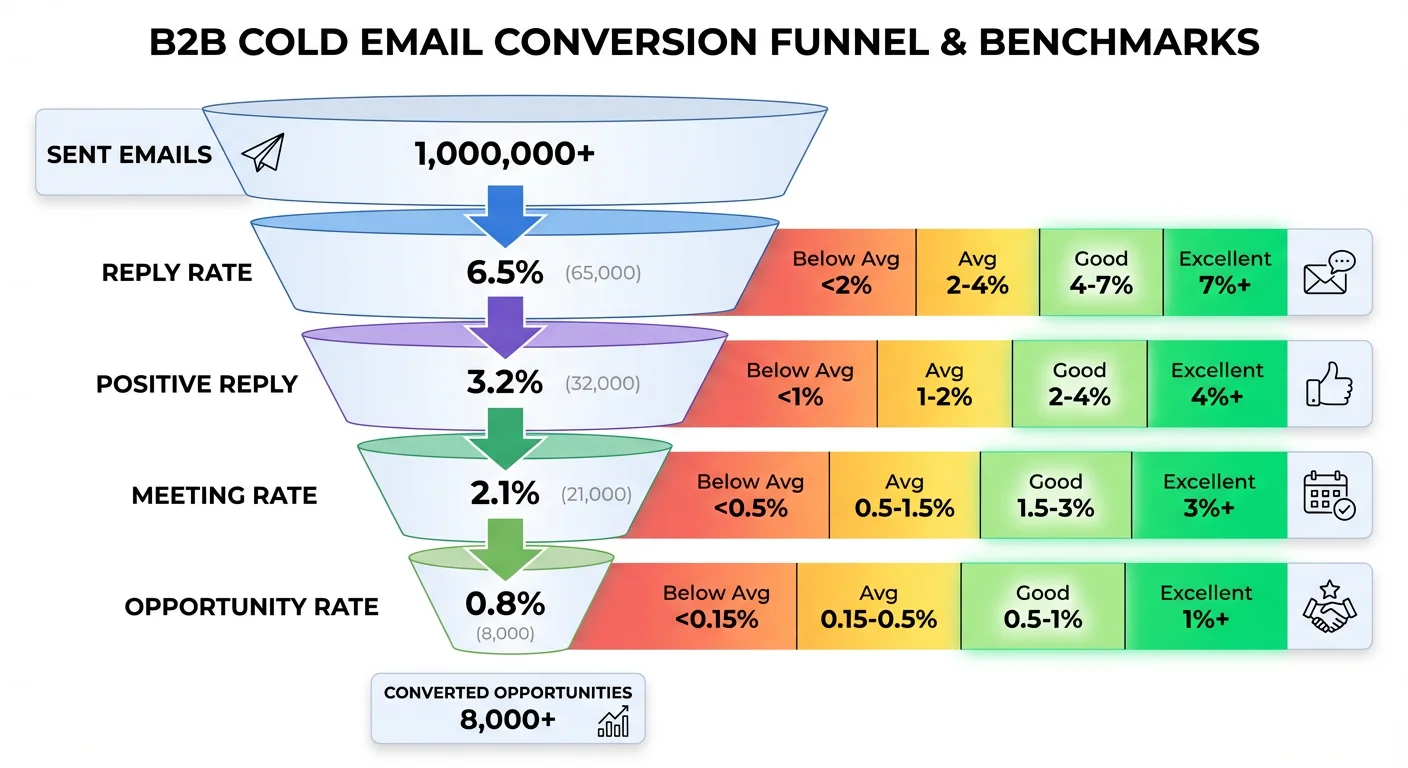 B2B cold email conversion funnel with benchmarks from reply rate to opportunity rate