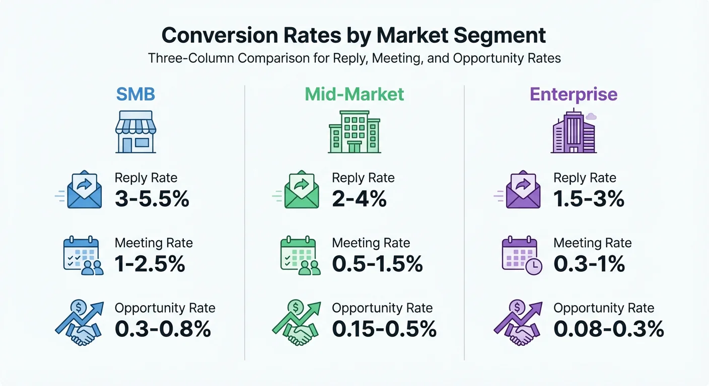 Conversion rates by market segment comparing SMB, Mid-Market, and Enterprise
