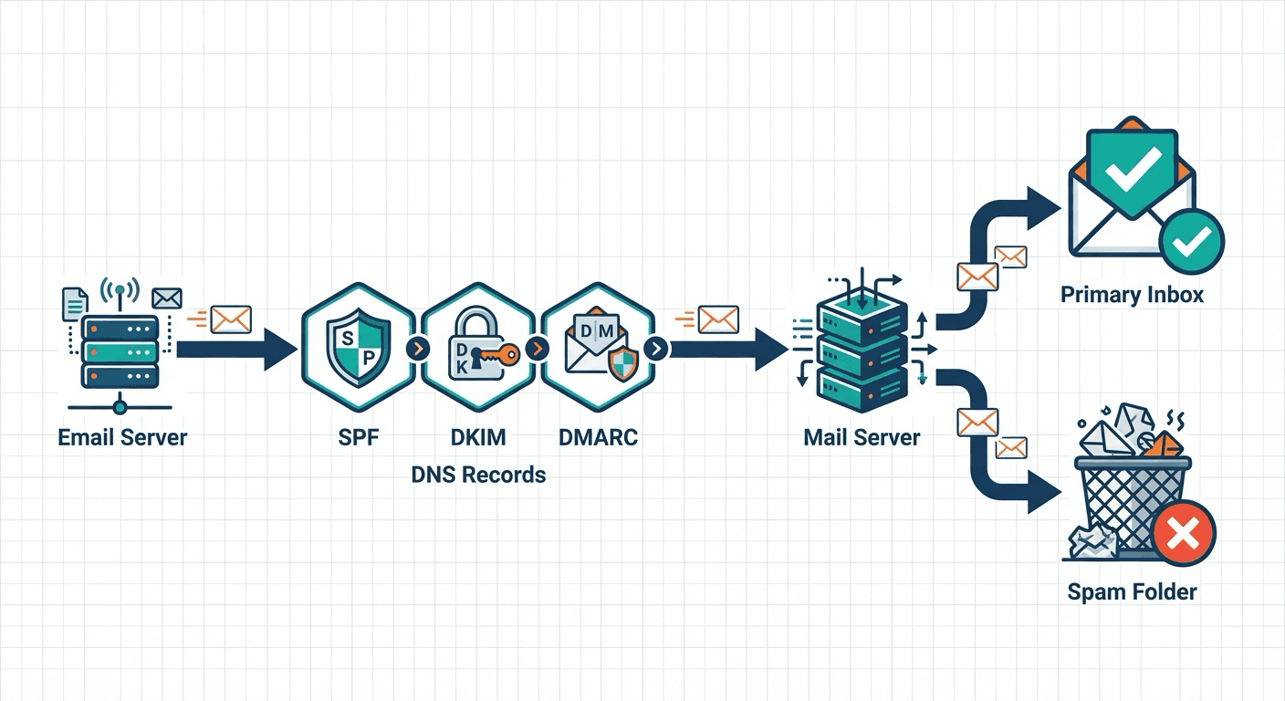 Email deliverability infographic showing the flow from email server through DNS authentication to inbox placement