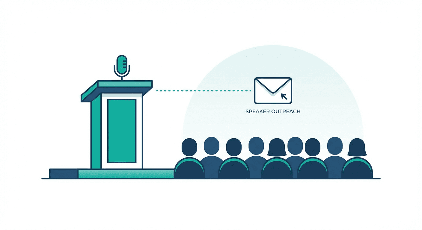 Speaker outreach email linked to a conference podium and microphone in front of a seated audience