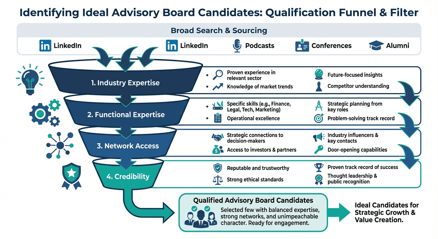 Advisory board candidate qualification funnel showing industry expertise, functional expertise, network access, and credibility filters