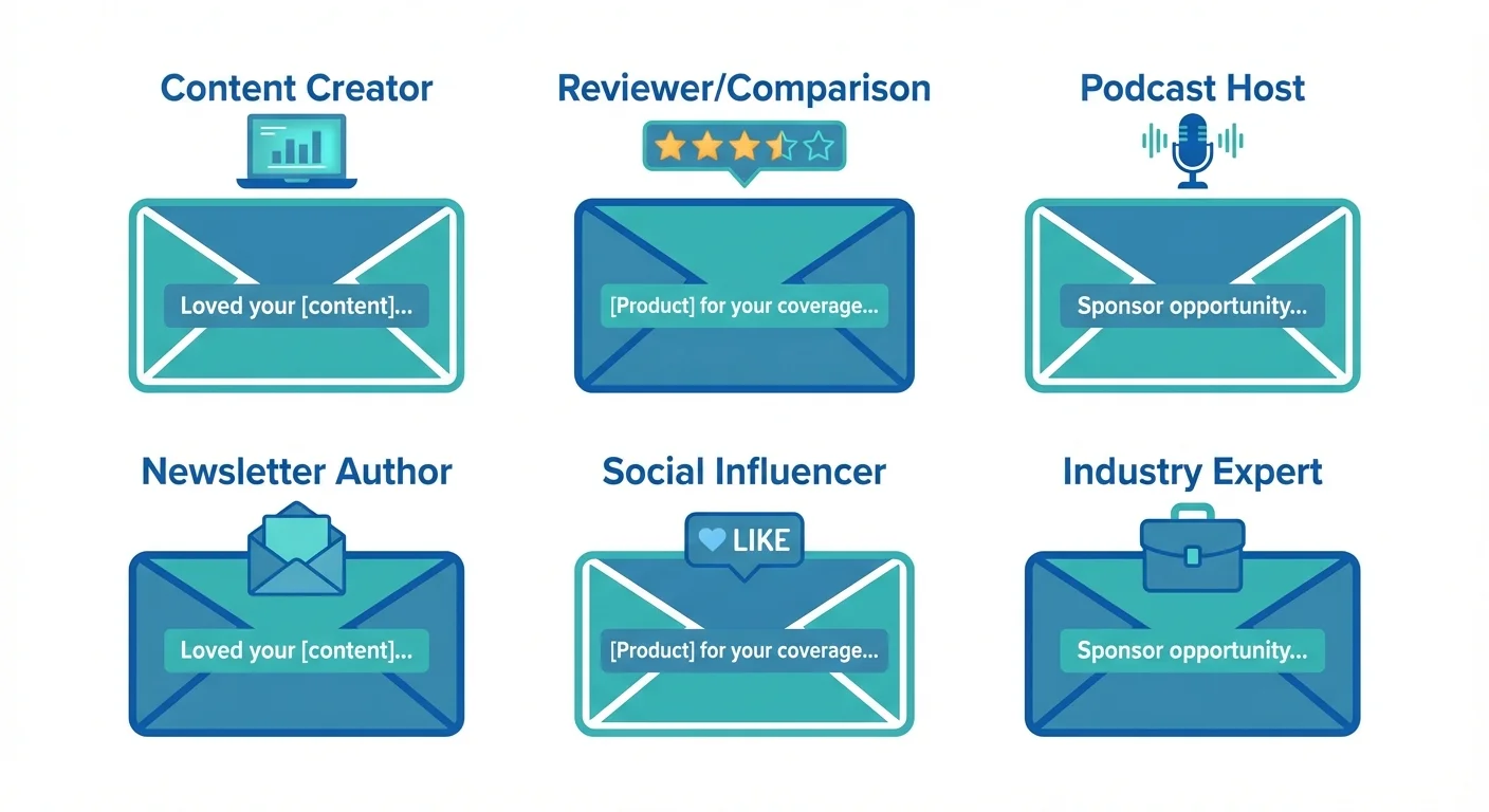 Visual showing 6 email template types for affiliate outreach including content creator, reviewer, podcast host, newsletter author, social influencer, and industry expert templates