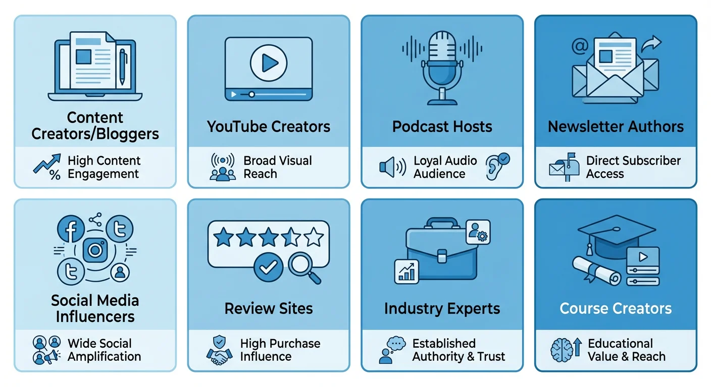 Infographic showing 8 types of affiliates to recruit including content creators, YouTube creators, podcast hosts, newsletter authors, influencers, review sites, industry experts, and course creators