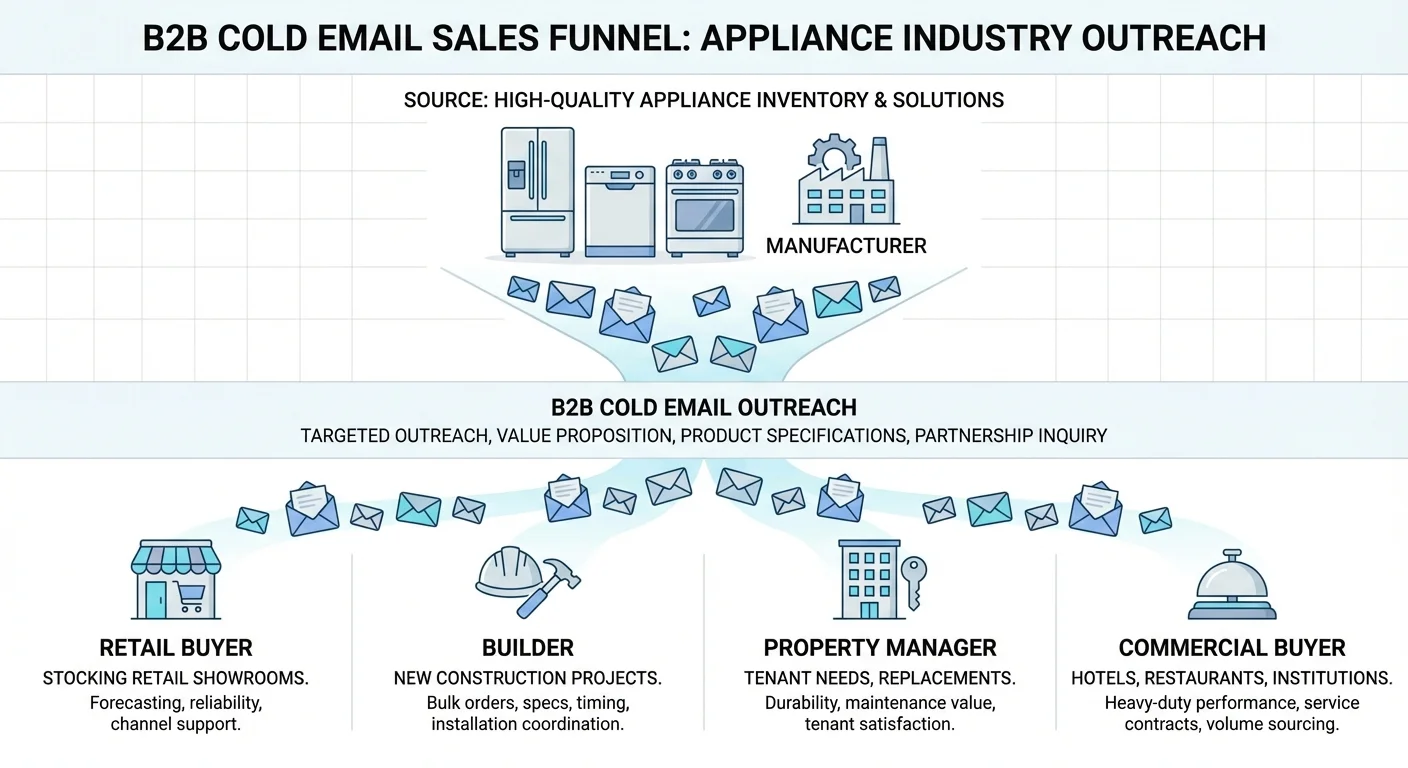 Cold email outreach funnel for appliance industry showing manufacturers connecting with retail buyers, builders, property managers, and commercial buyers