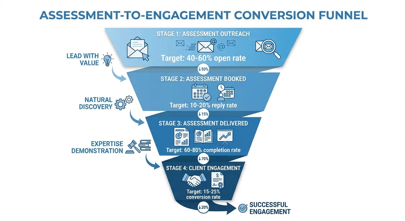 Infographic showing the assessment-to-engagement conversion funnel with stages from outreach to client engagement
