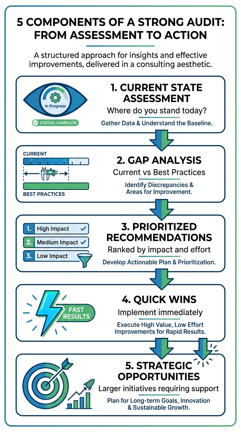 Infographic showing the 5 components of a strong audit: current state assessment, gap analysis, prioritized recommendations, quick wins, and strategic opportunities