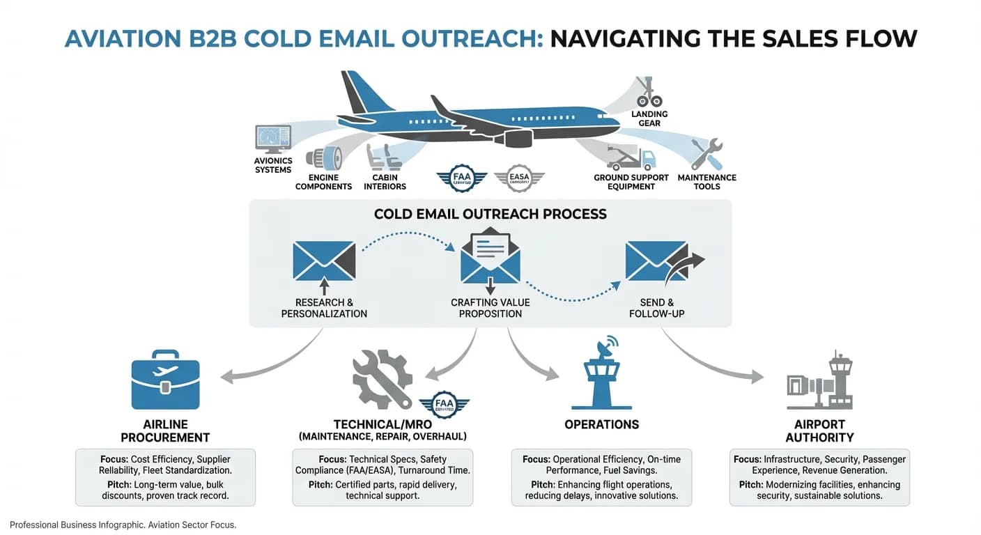 Cold email outreach funnel for aviation industry showing suppliers connecting with airline procurement, technical operations, and airport authorities
