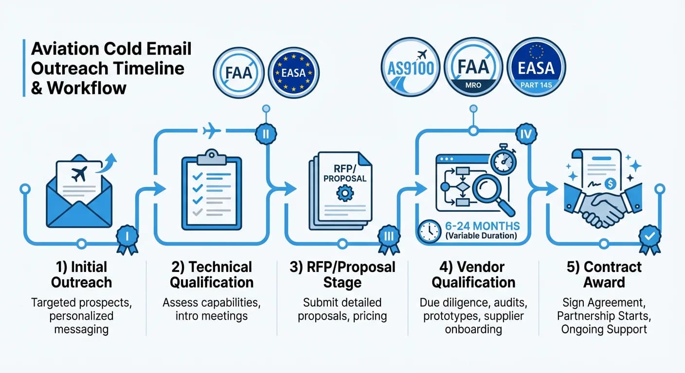 Aviation vendor qualification timeline showing 6-24 month process from outreach to contract