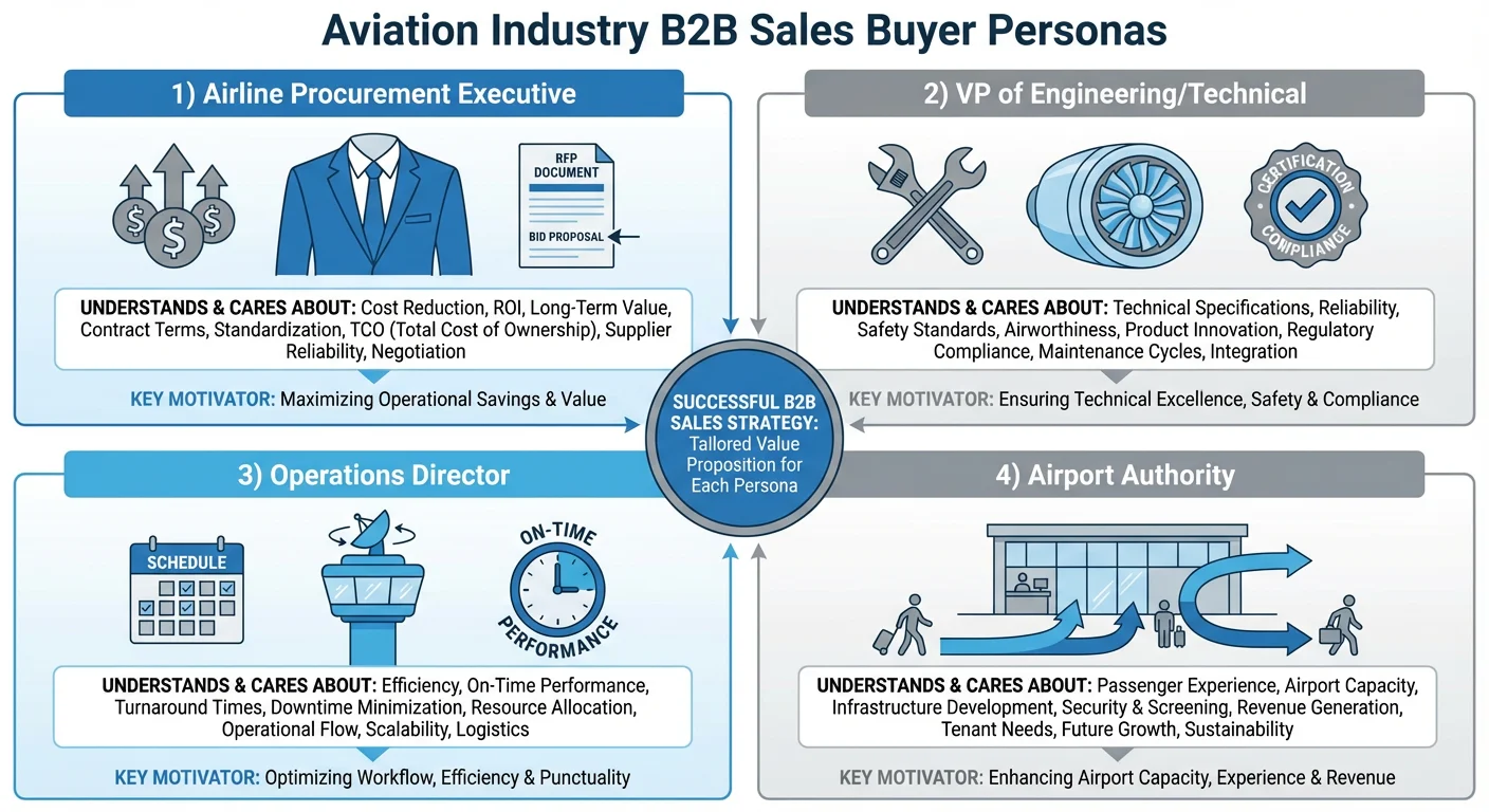 Aviation industry buyer personas including airline procurement, technical operations, and airport decision-makers