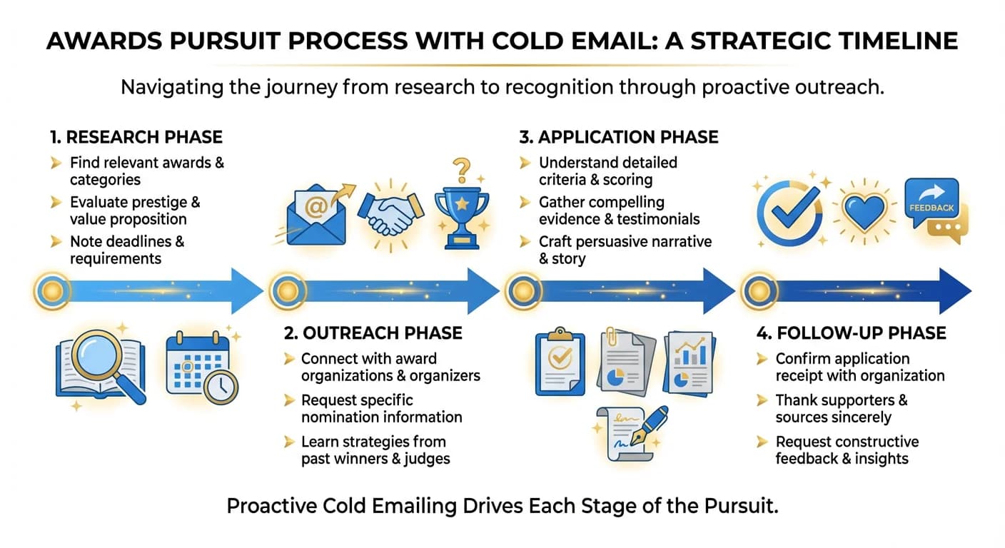 Infographic showing the awards pursuit process: research phase, outreach phase, application phase, and follow-up phase