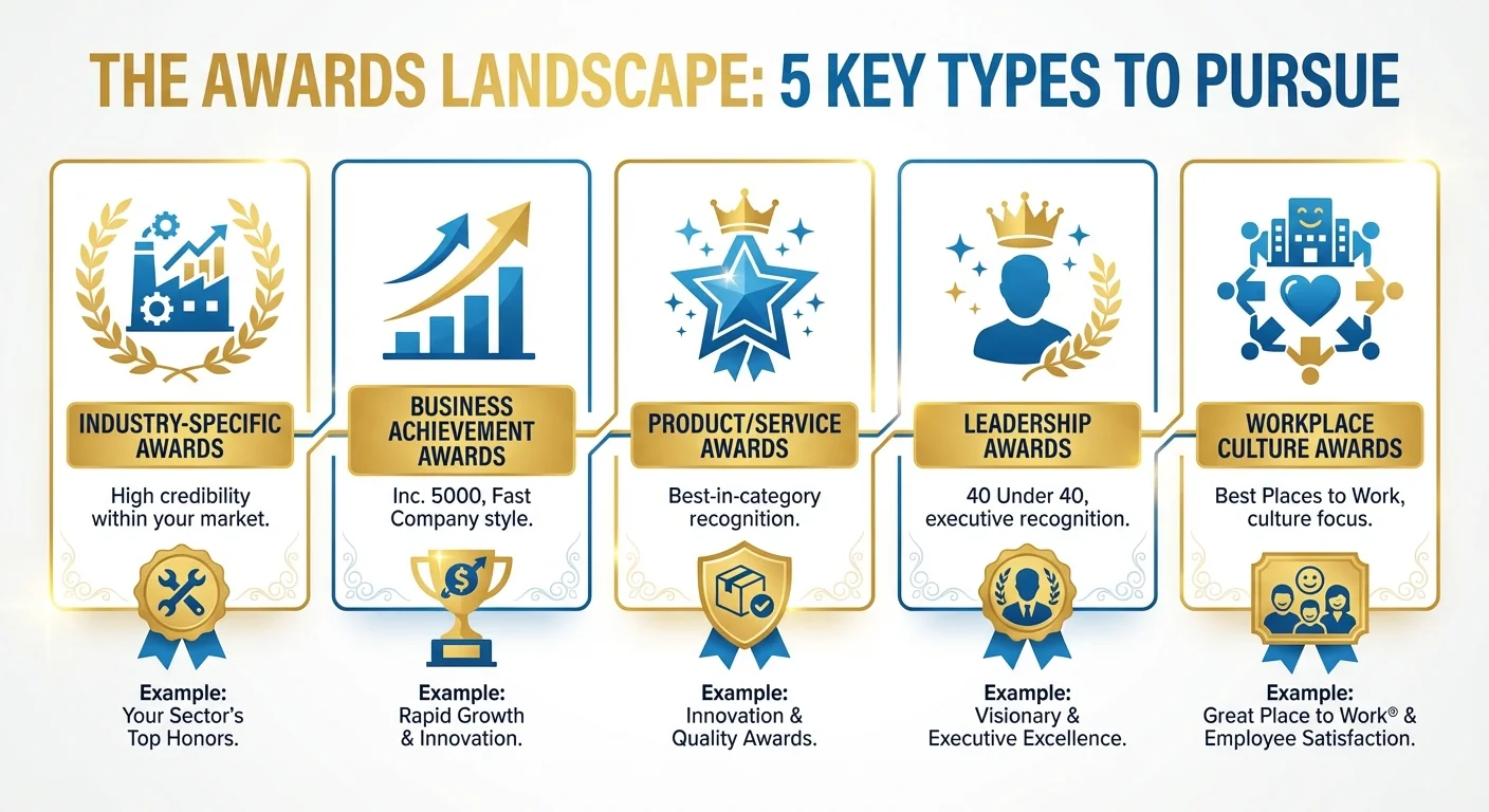 Infographic showing 5 types of awards to pursue: industry-specific, business achievement, product/service, leadership, and workplace culture awards