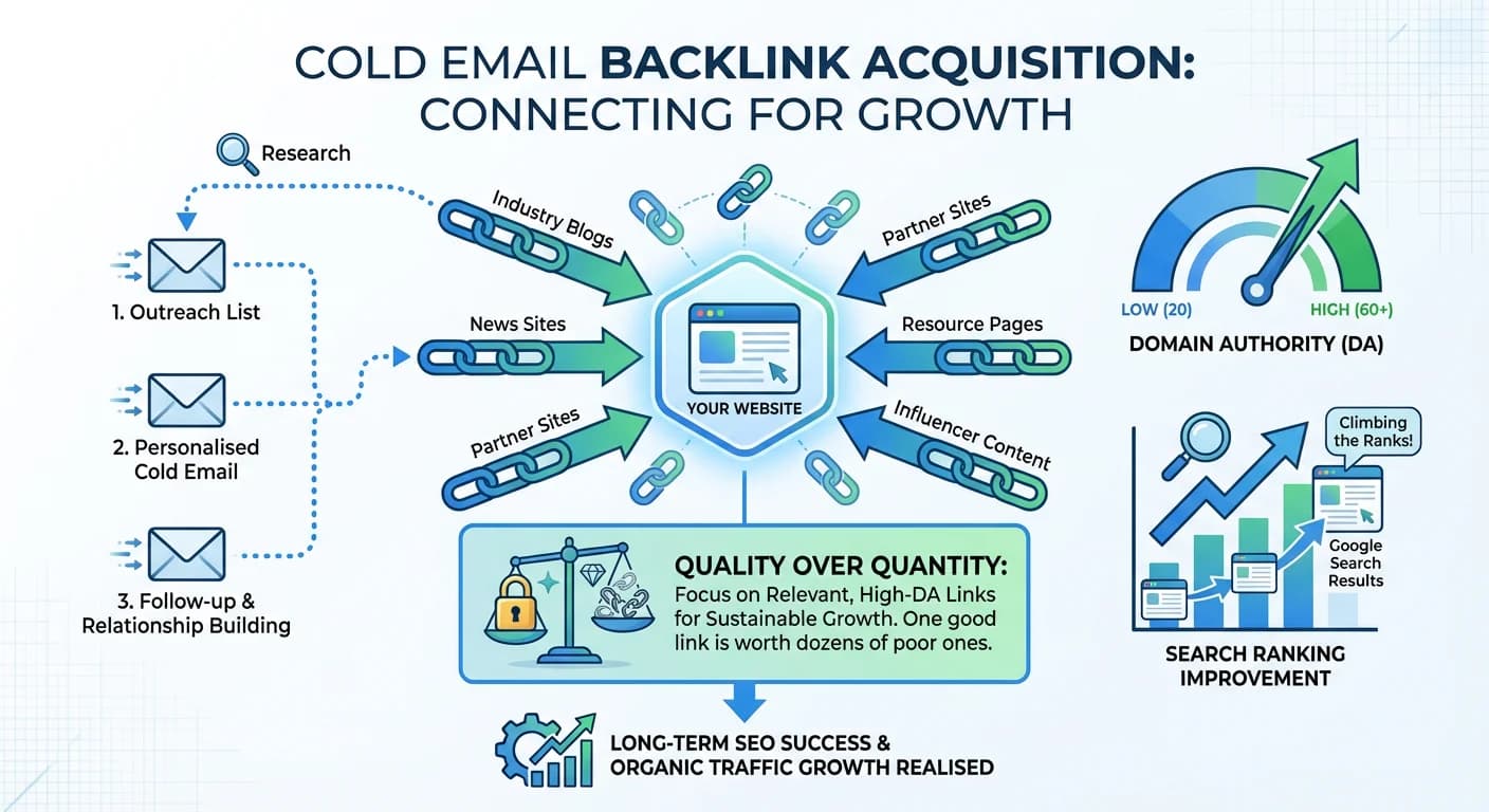 Infographic showing backlink acquisition through cold email with chain link diagram and SEO metrics