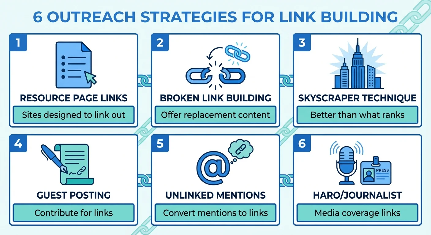 Infographic showing 6 link building strategies: resource page links, broken link building, skyscraper technique, guest posting, unlinked mentions, and HARO outreach