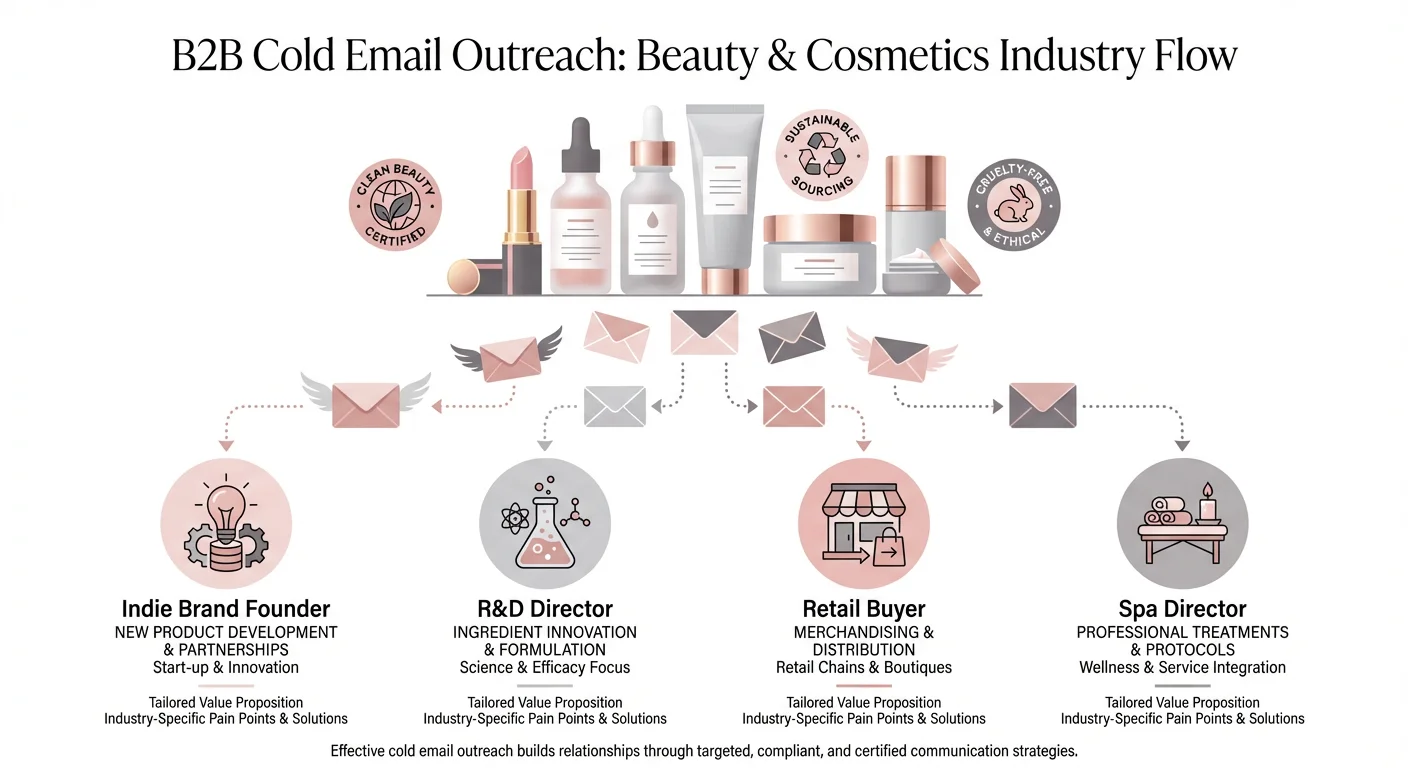 Cold email outreach funnel for beauty and cosmetics industry showing suppliers connecting with brand founders, R&D directors, retail buyers, and spa directors