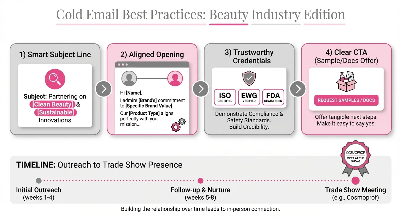 Cold email workflow for beauty industry showing email structure with credentials, positioning, and sample offers