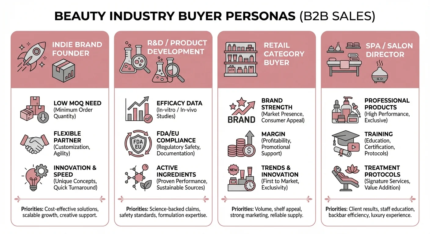 Beauty industry buyer personas including indie brand founders, R&D directors, retail buyers, and spa directors
