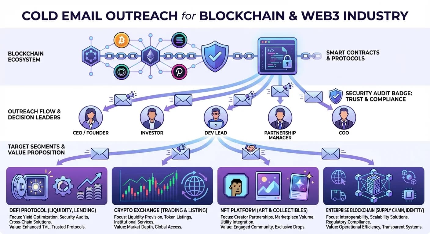 Cold email outreach funnel for blockchain and Web3 industry showing vendors connecting with DeFi protocols, exchanges, NFT platforms, and enterprise blockchain