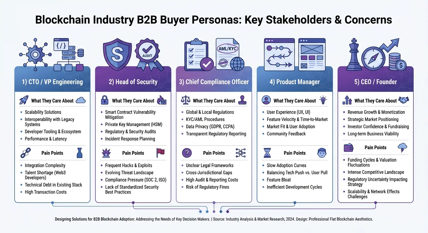Decision makers in Blockchain including CTO, Security Lead, Compliance Officer, Product Manager, and CEO