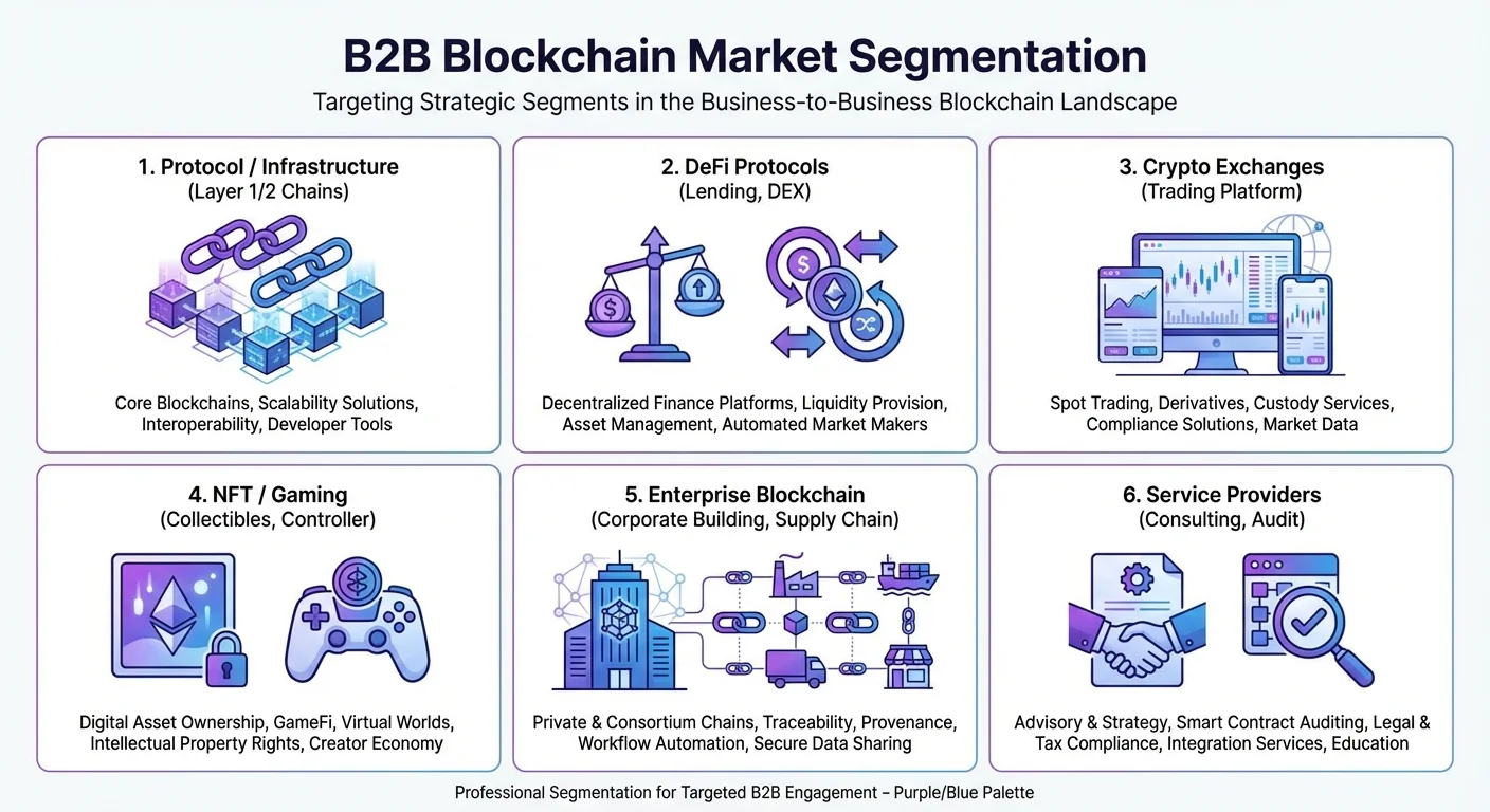 B2B targeting strategy for Blockchain market segments including DeFi, exchanges, NFT platforms, and enterprise