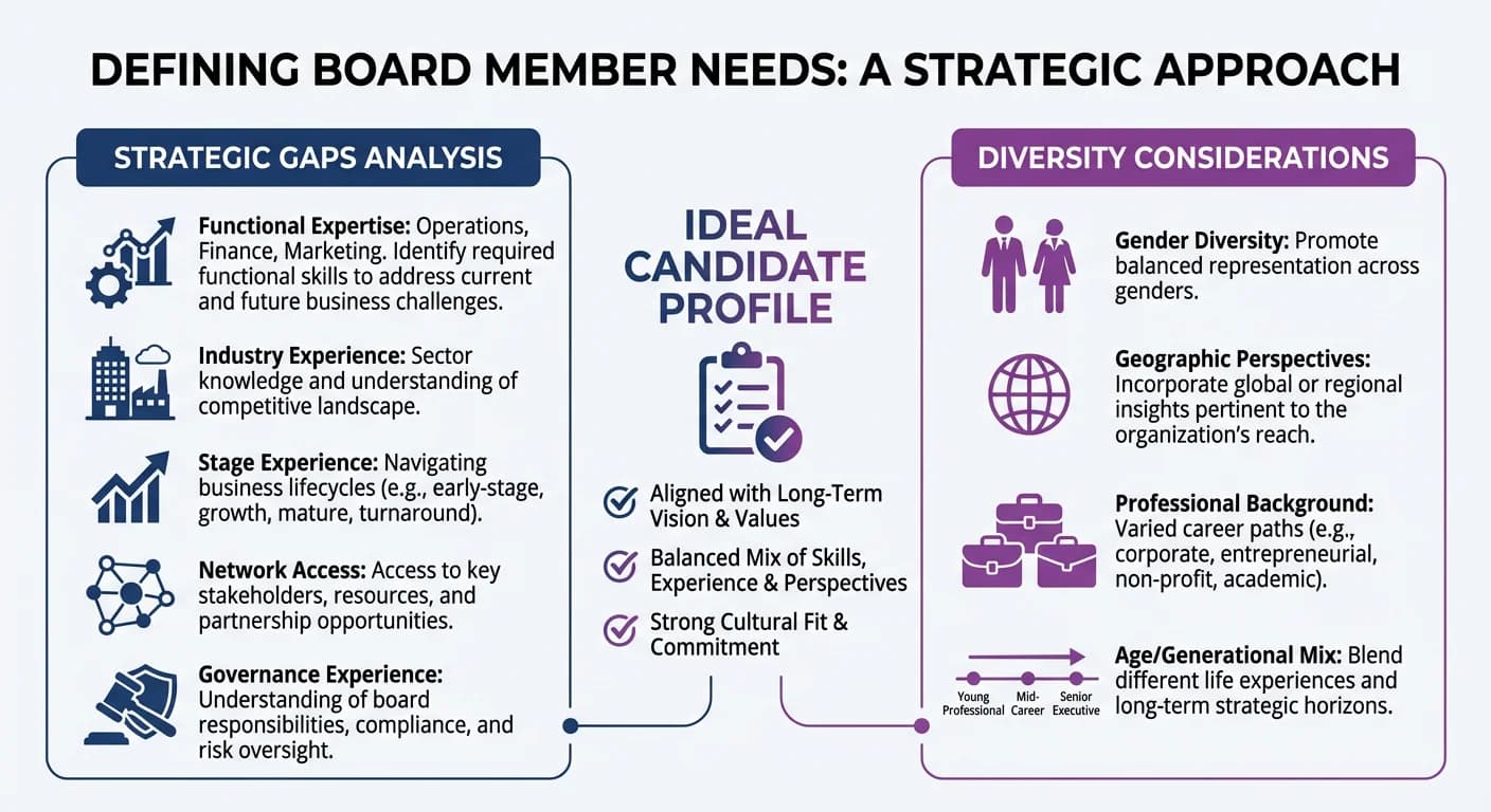 Infographic showing how to define board member needs: strategic gaps analysis and diversity considerations with checklist