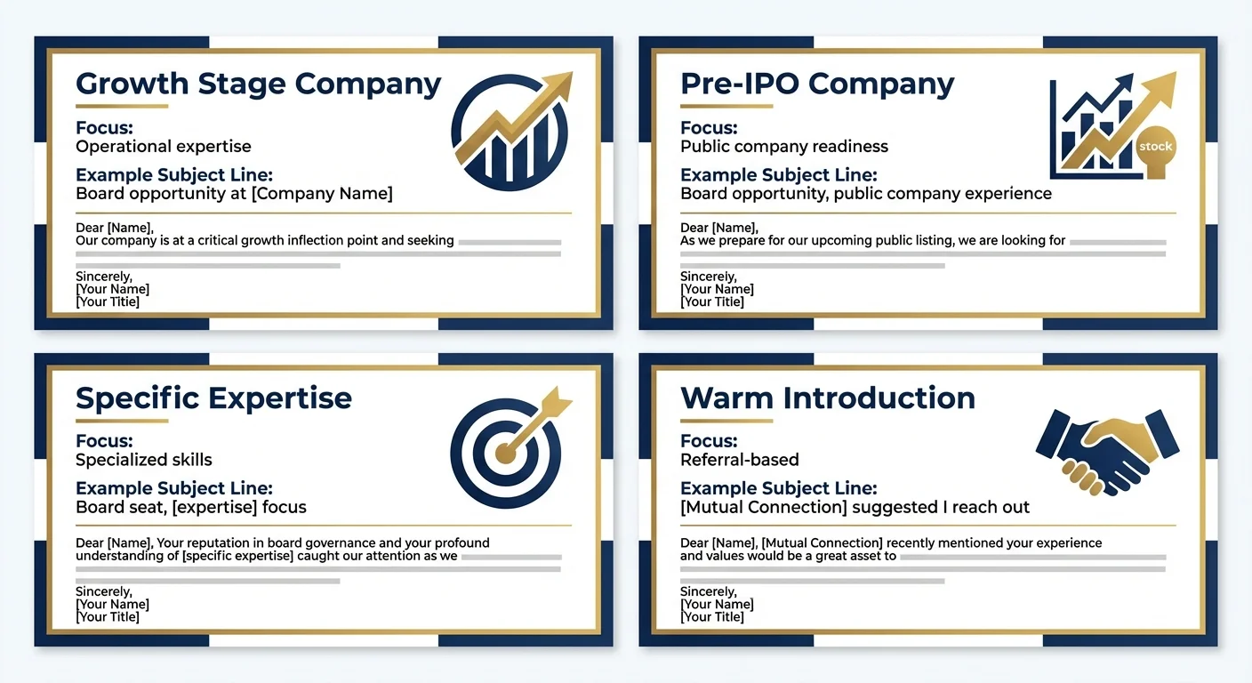 Visual showing 4 board recruitment email templates: growth stage company, pre-IPO company, specific expertise, and warm introduction templates