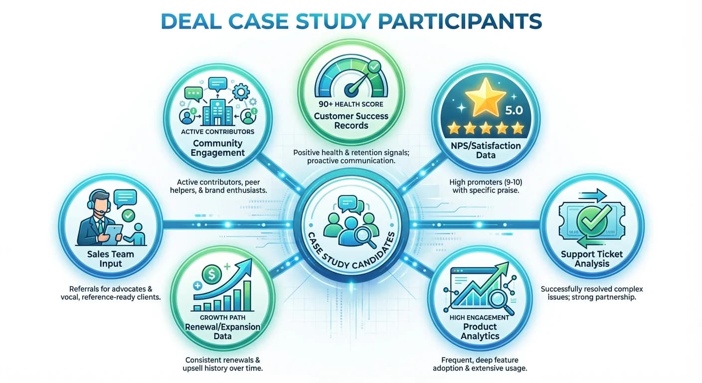 Infographic showing 7 sources for finding case study candidates: customer success records, NPS data, support tickets, product analytics, renewal data, sales team input, and community engagement