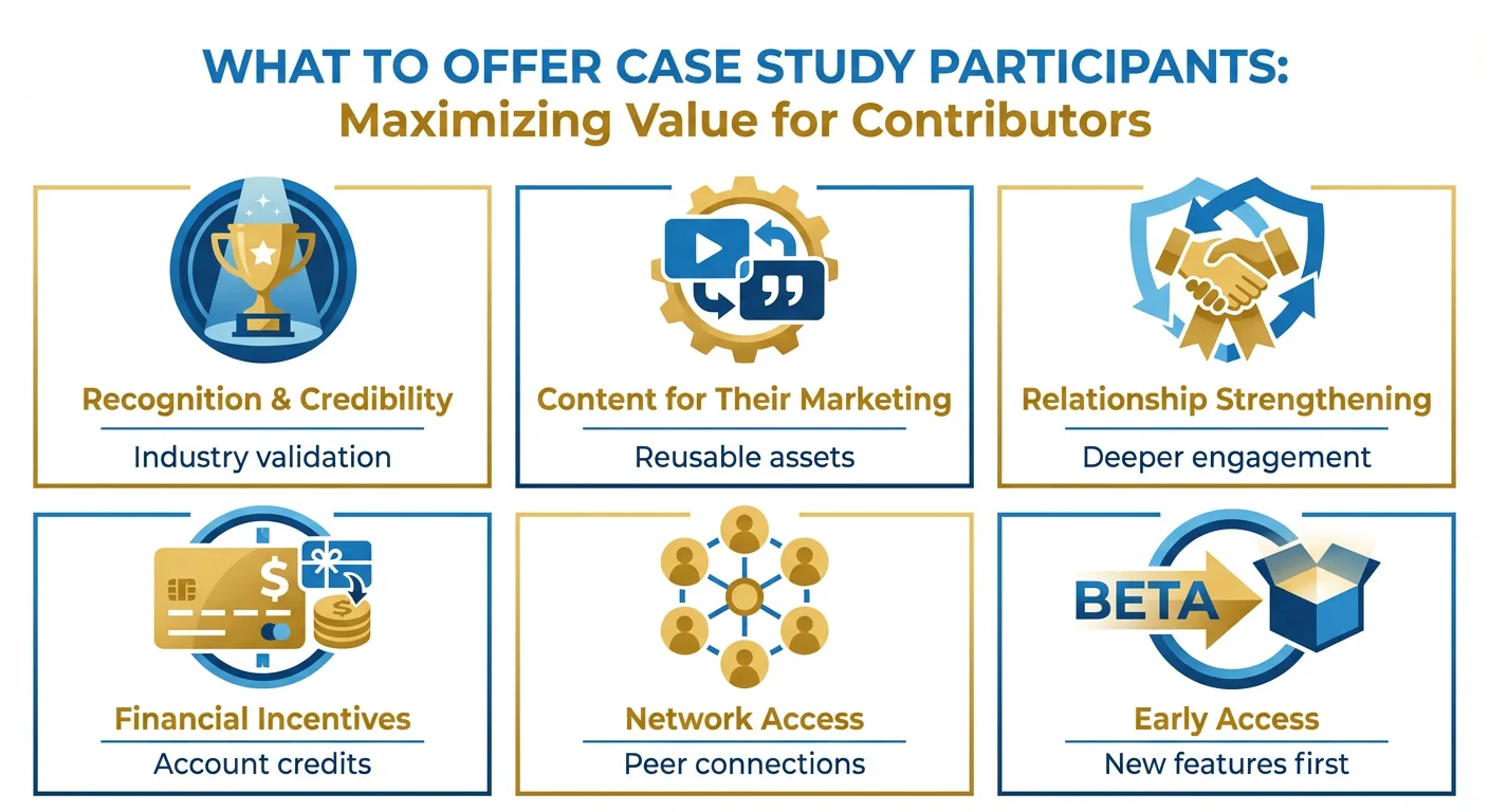 Infographic showing 6 incentive categories for case study participants: recognition, content for their marketing, relationship strengthening, financial incentives, network access, and early access
