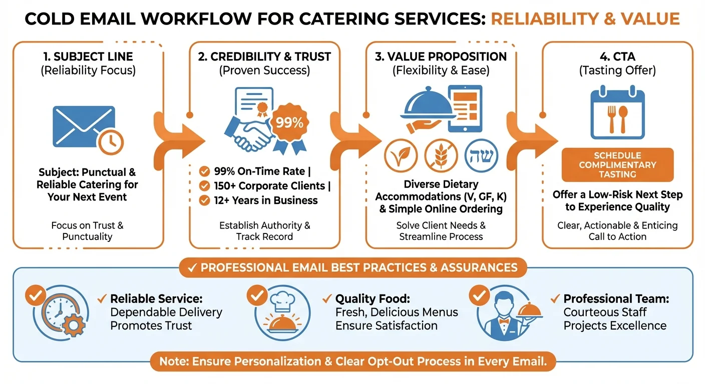 Cold email workflow for catering services showing credibility elements, reliability metrics, and tasting offers