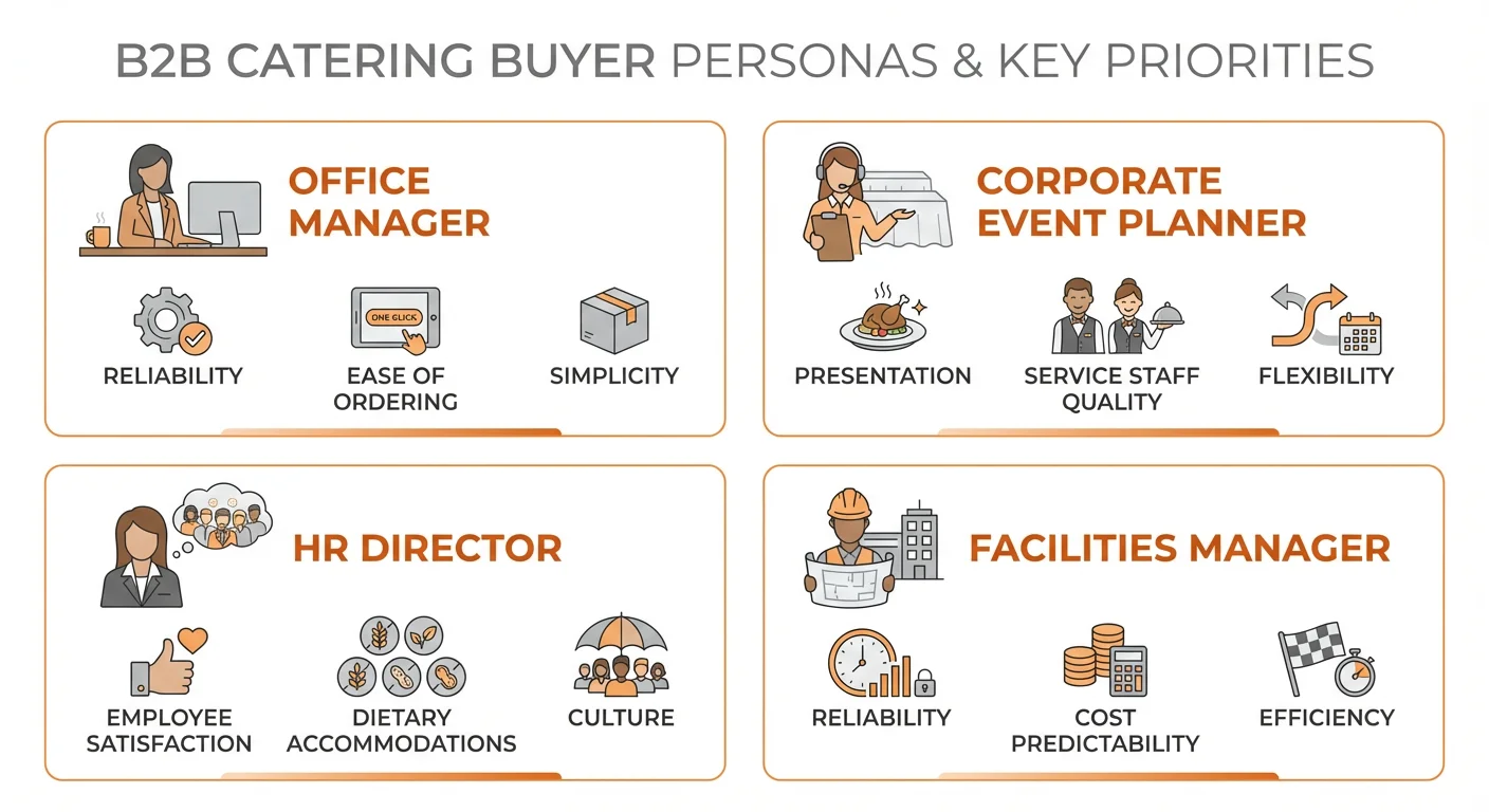 Catering buyer personas including office managers, event planners, HR directors, and facilities managers