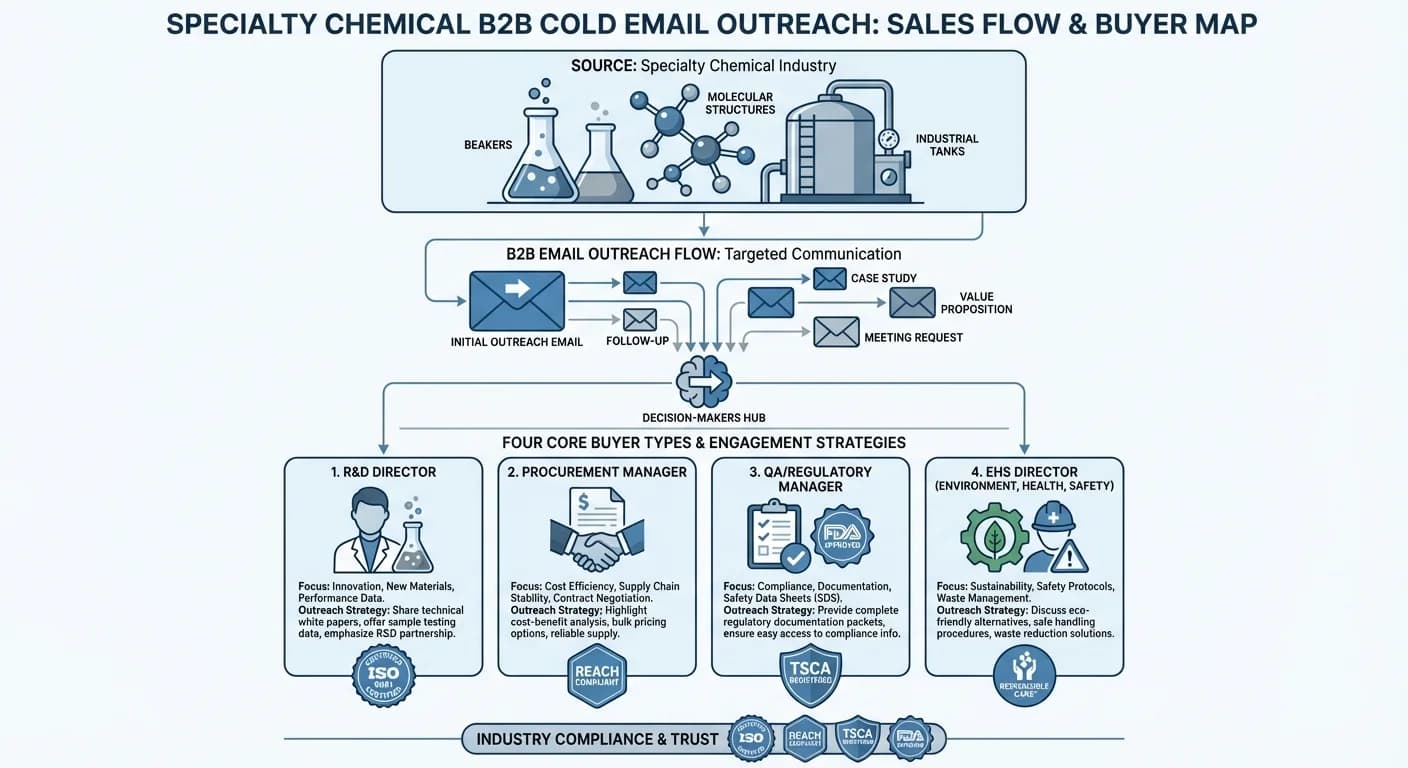Cold email outreach funnel for specialty chemical industry showing suppliers connecting with R&D directors, procurement managers, QA, and EHS professionals