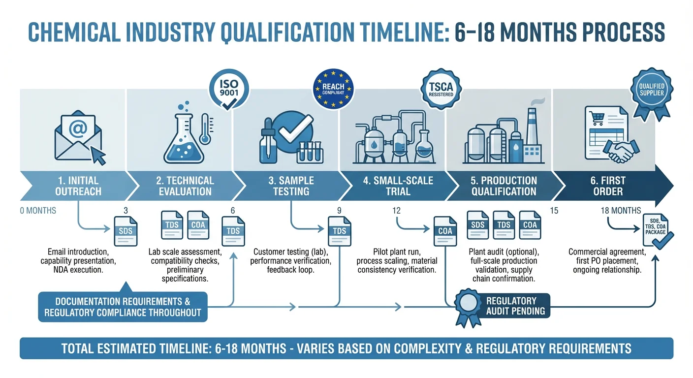 Chemical supplier qualification timeline showing 6-18 month process from outreach to first production order