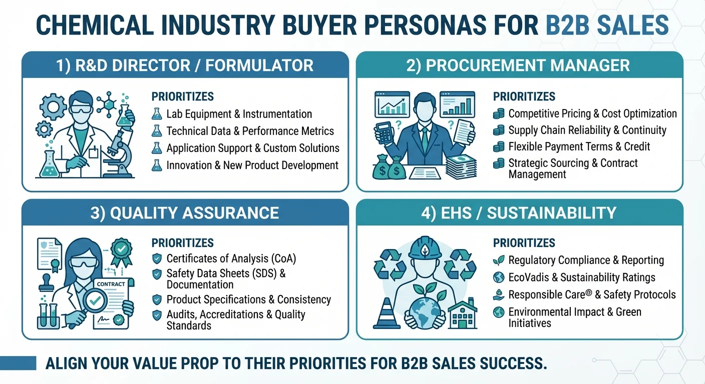 Chemical industry buyer personas including R&D directors, procurement managers, QA/Regulatory, and EHS professionals