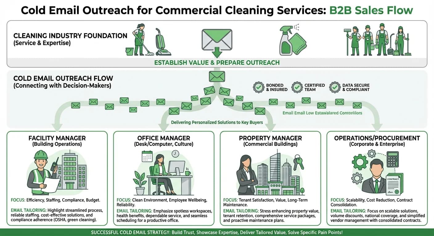 Cold email outreach funnel for commercial cleaning services showing providers connecting with facility managers, office managers, property managers, and operations professionals