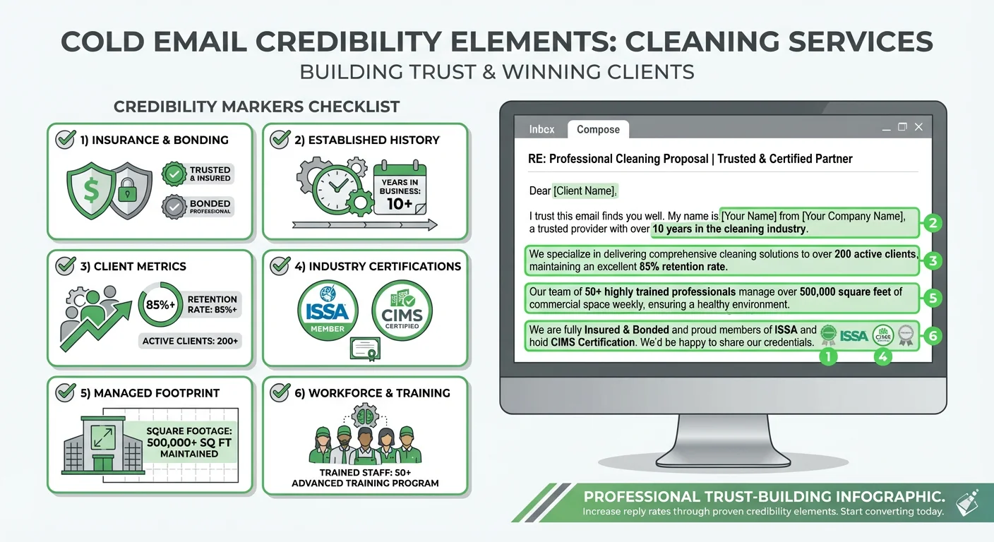 Cleaning services credibility checklist showing insurance, certifications, years in business, and client metrics