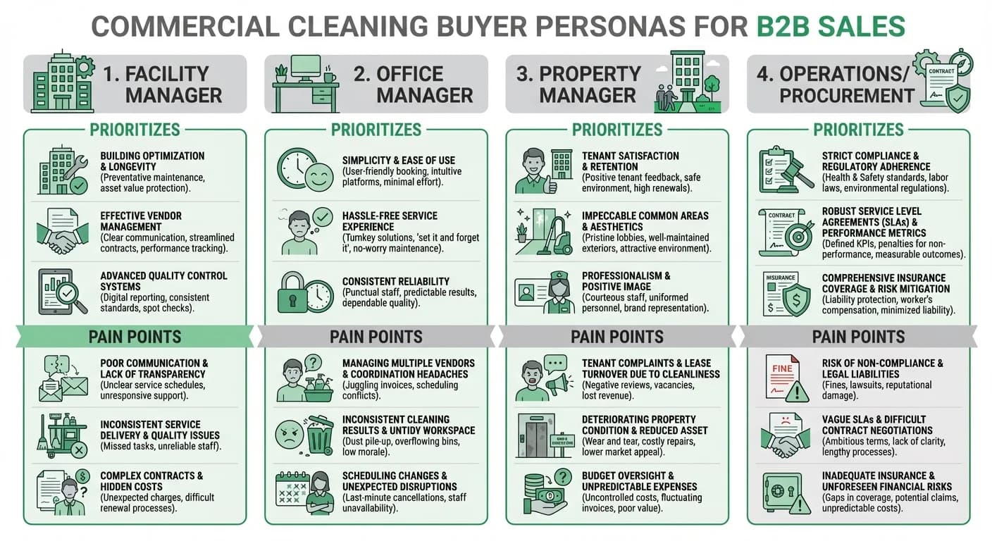 Commercial cleaning buyer personas including facility managers, office managers, property managers, and operations professionals