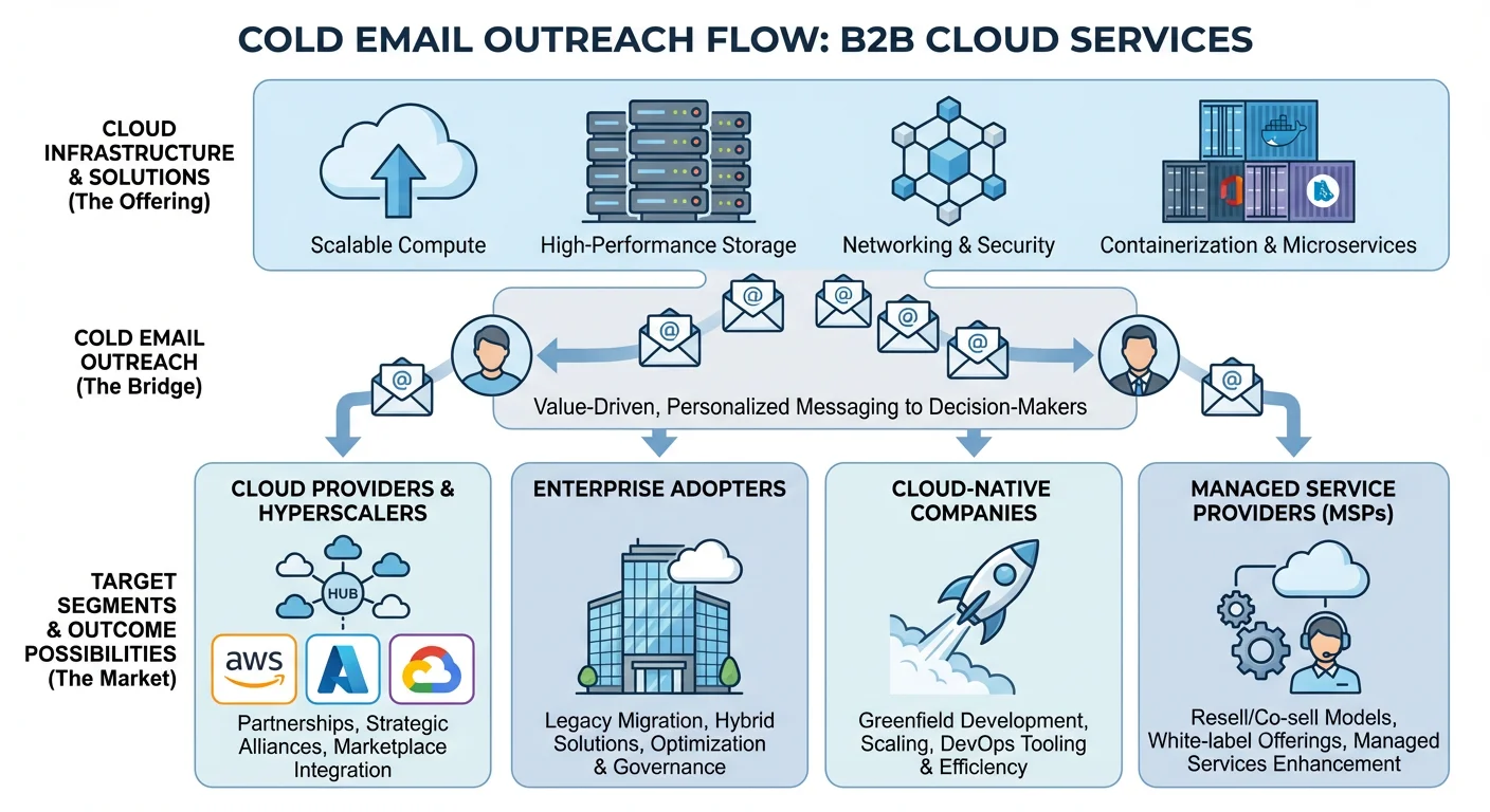 Cold email outreach funnel for cloud services industry showing vendors connecting with cloud providers, enterprise adopters, cloud-native companies, and MSPs