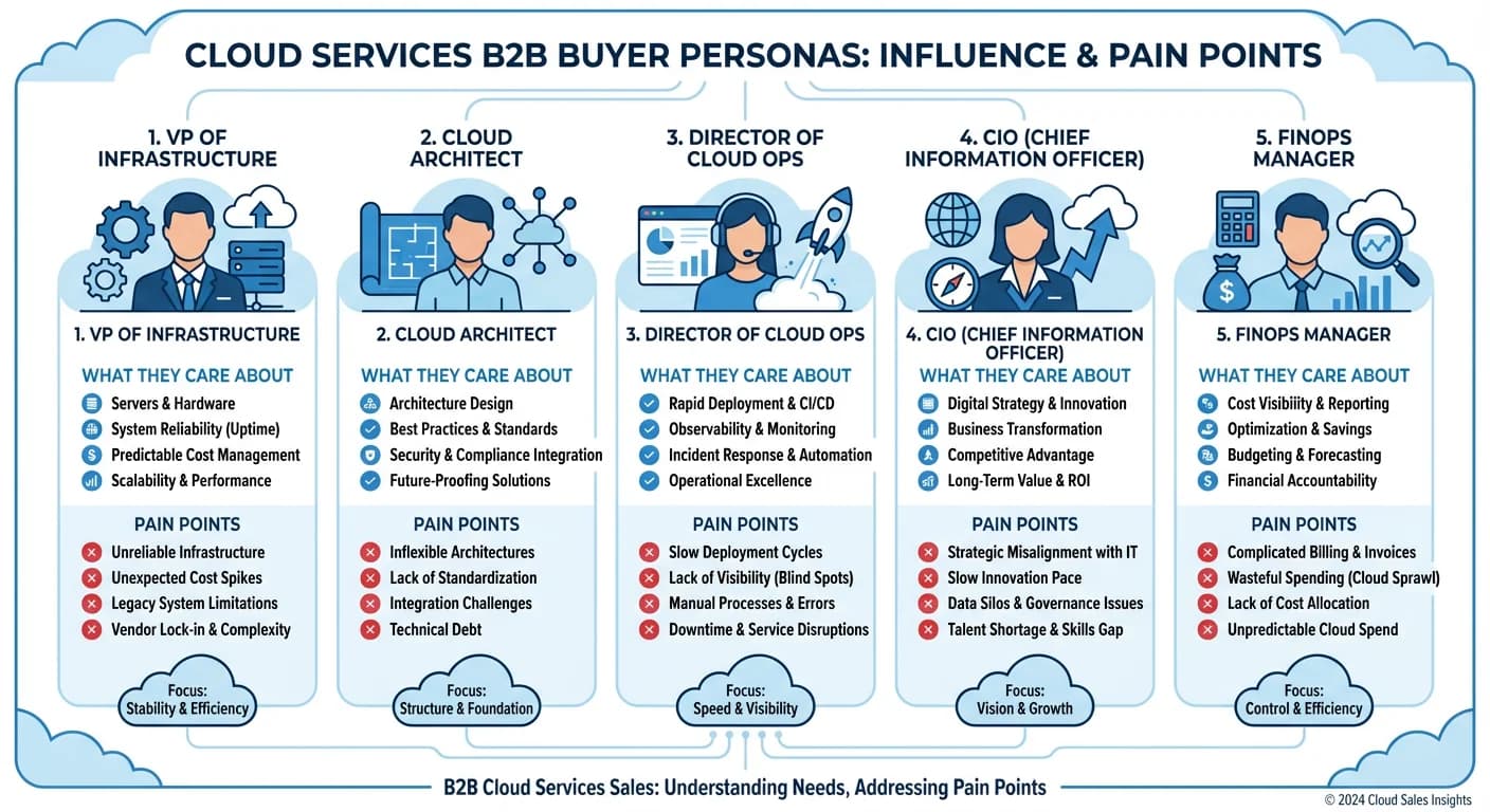 Decision makers in Cloud Services including VP Infrastructure, Cloud Architect, CIO, FinOps Manager, and Security Lead