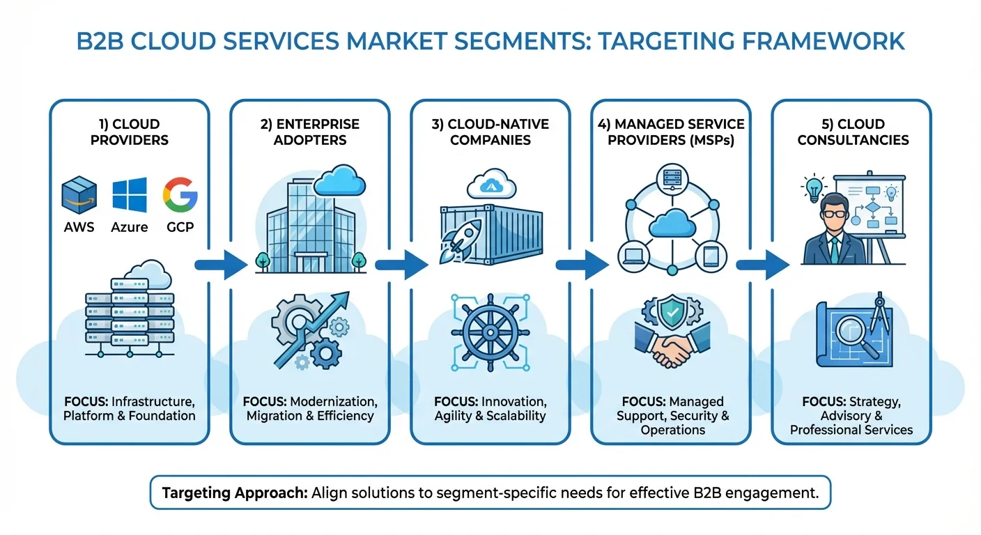 B2B targeting strategy for Cloud Services market segments including cloud providers, enterprise adopters, cloud-native companies, and MSPs
