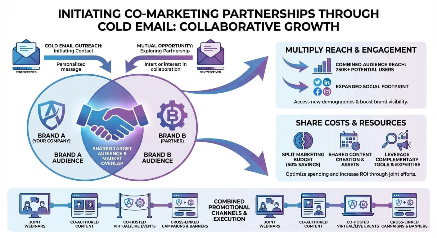 Infographic showing co-marketing partnership through cold email with brand collaboration and audience overlap visualization