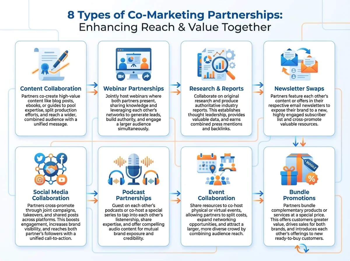 Infographic showing 8 types of co-marketing partnerships: content collaboration, webinar partnerships, research reports, newsletter swaps, social media, podcast partnerships, event collaboration, and bundle promotions