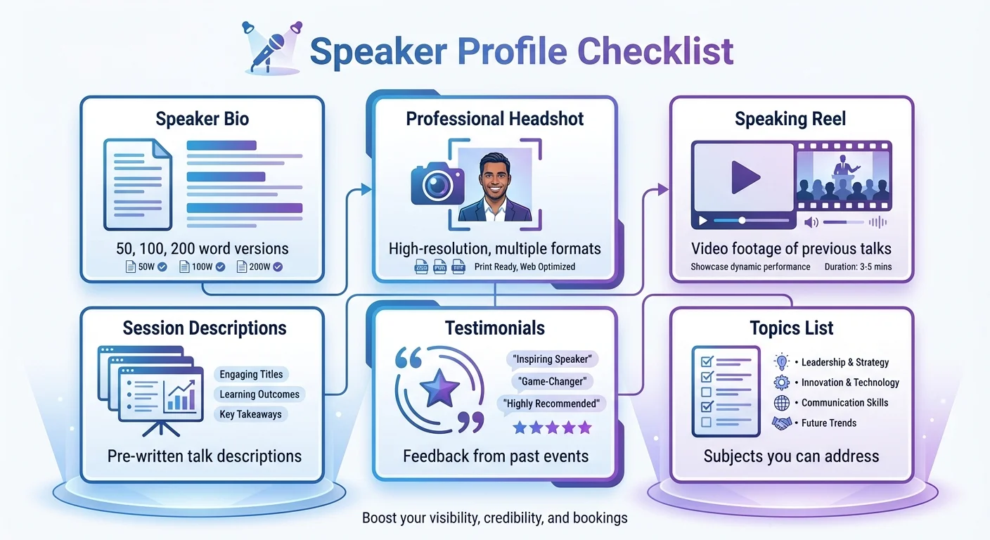 Infographic showing 6 essential speaker profile assets: speaker bio, professional headshot, speaking reel, session descriptions, testimonials, and topics list