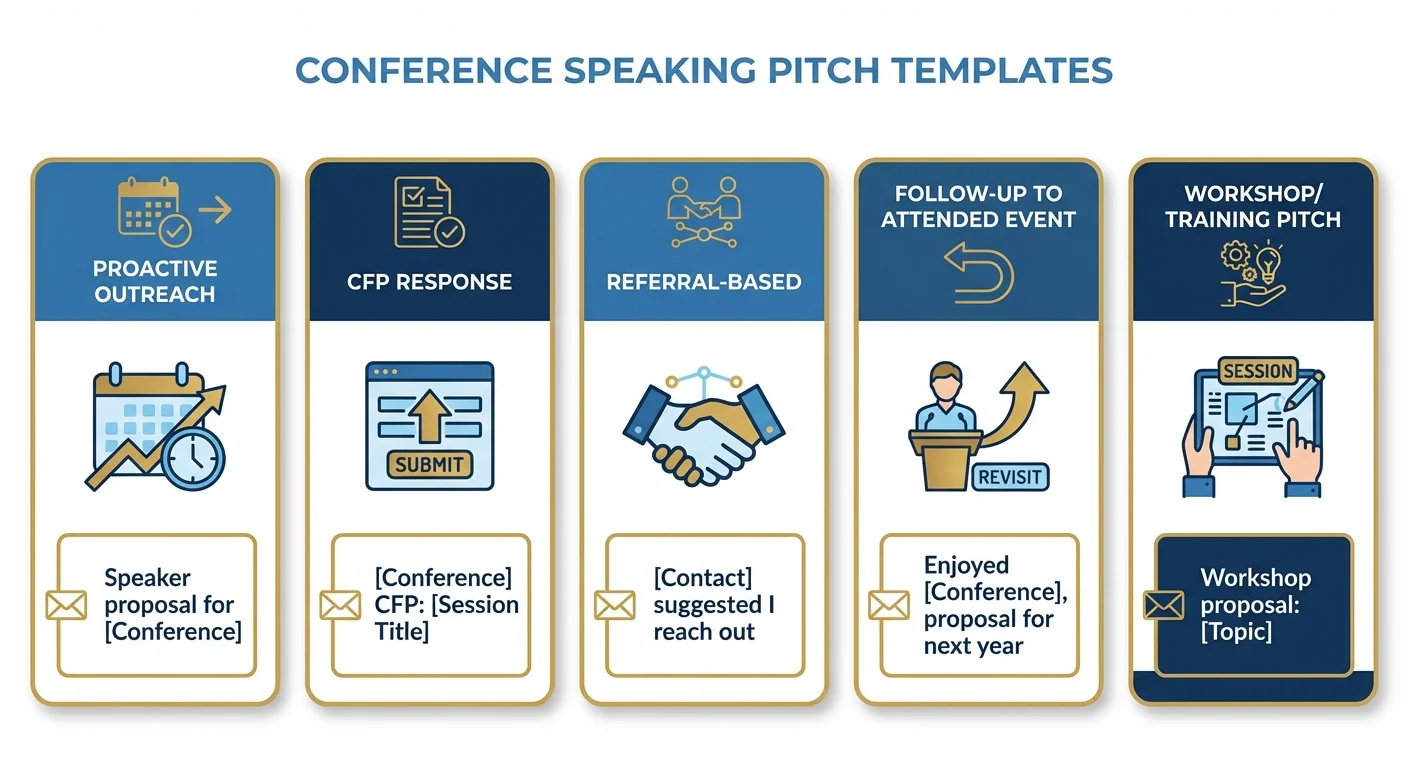 Visual showing 5 conference speaking pitch templates: proactive outreach, CFP response, referral-based, follow-up to attended event, and workshop pitch templates