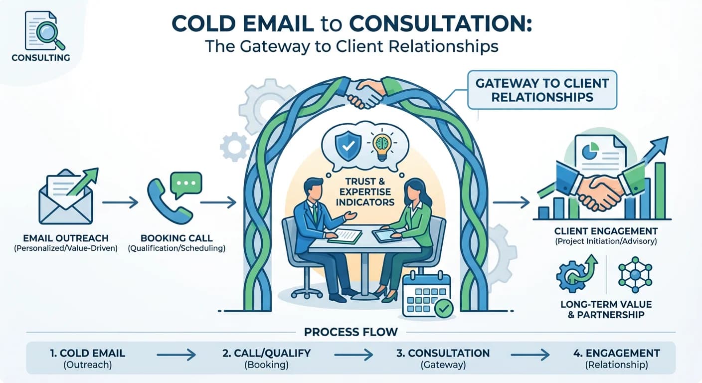 Infographic showing consultation booking through cold email with professional meeting and process flow visualization
